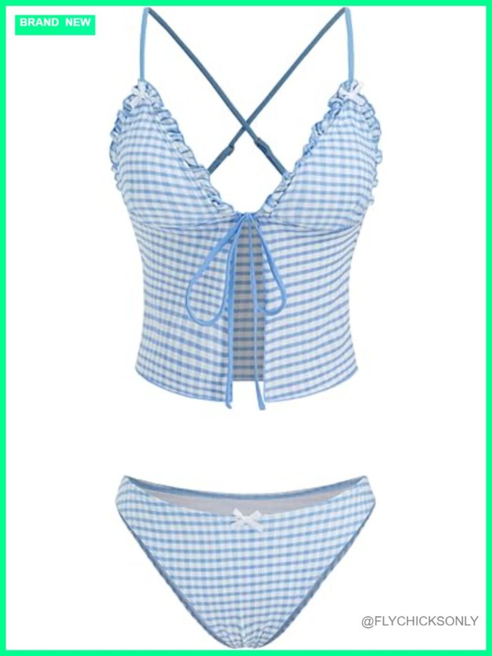 V-Neck Gingham Bowknot Lettuce Trim Tankini Bikini Set